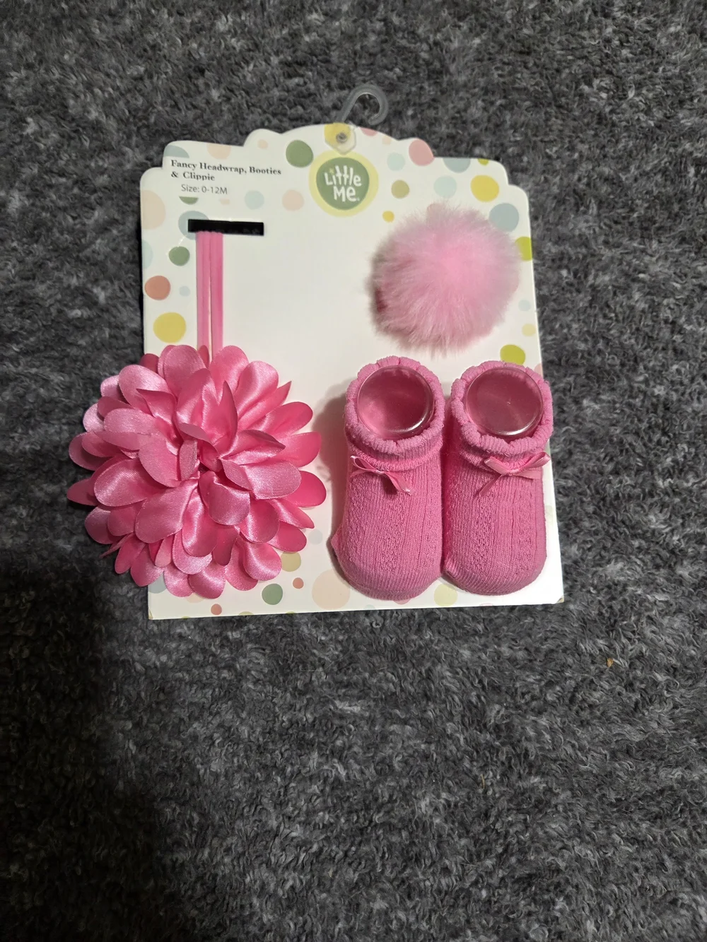 Little Me Hot Pink Baby Sock Booties with Flower Headband & Pom